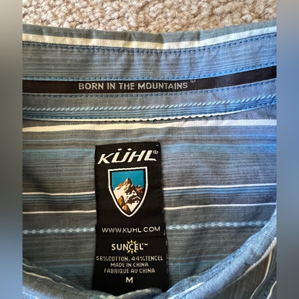 Kuhl Suncel Blue Striped Button Down Cotton Blend Shirt Mens Medium Short Sleeve - Picture 10 of 15